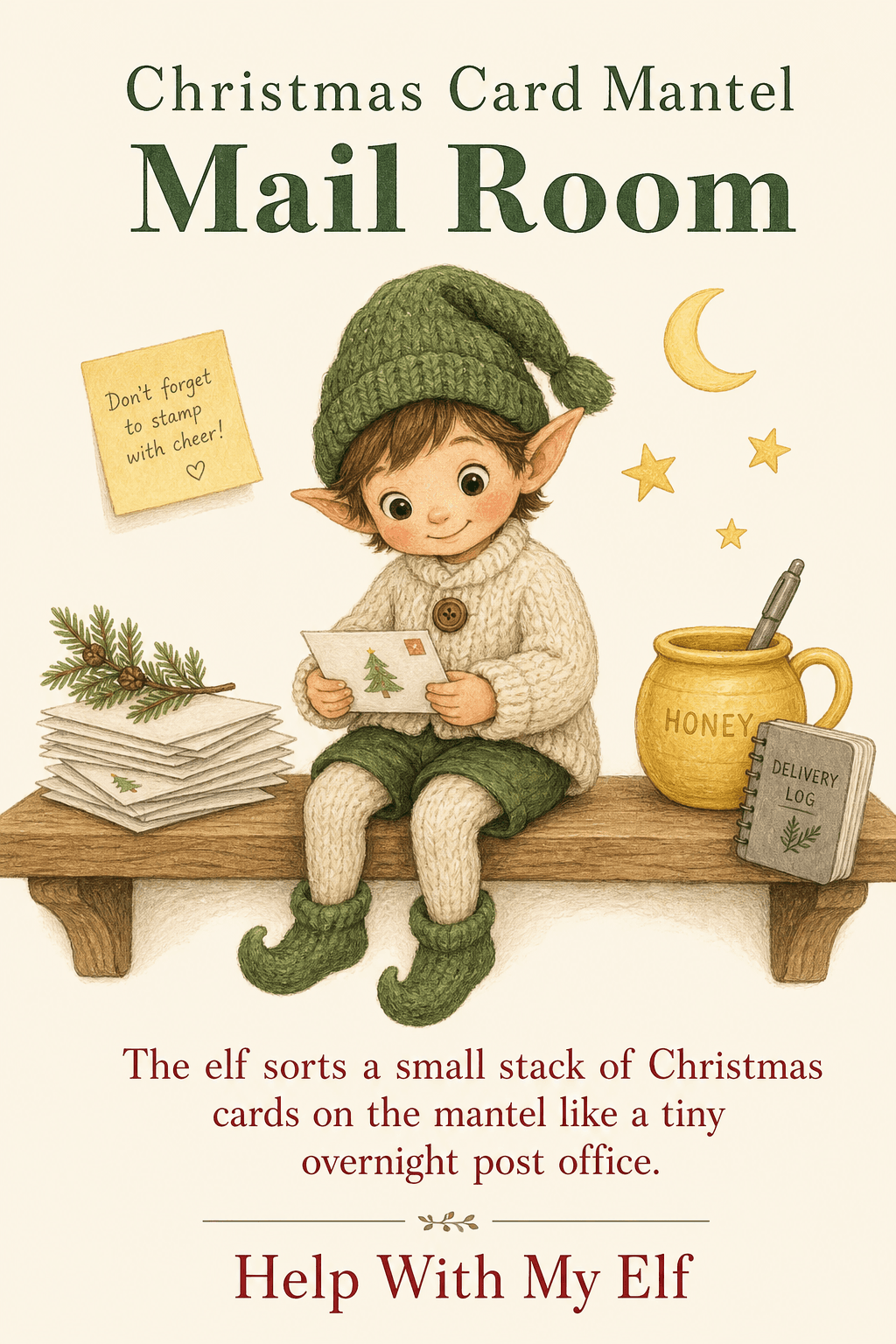 Christmas Card Mantel Mail Room. A handmade visiting-elf idea card for Help With My Elf.