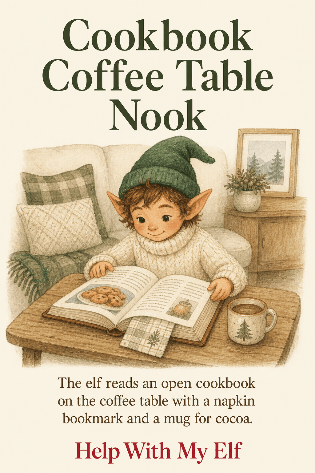 Cookbook Coffee Table Nook. A handmade visiting-elf idea card for Help With My Elf.