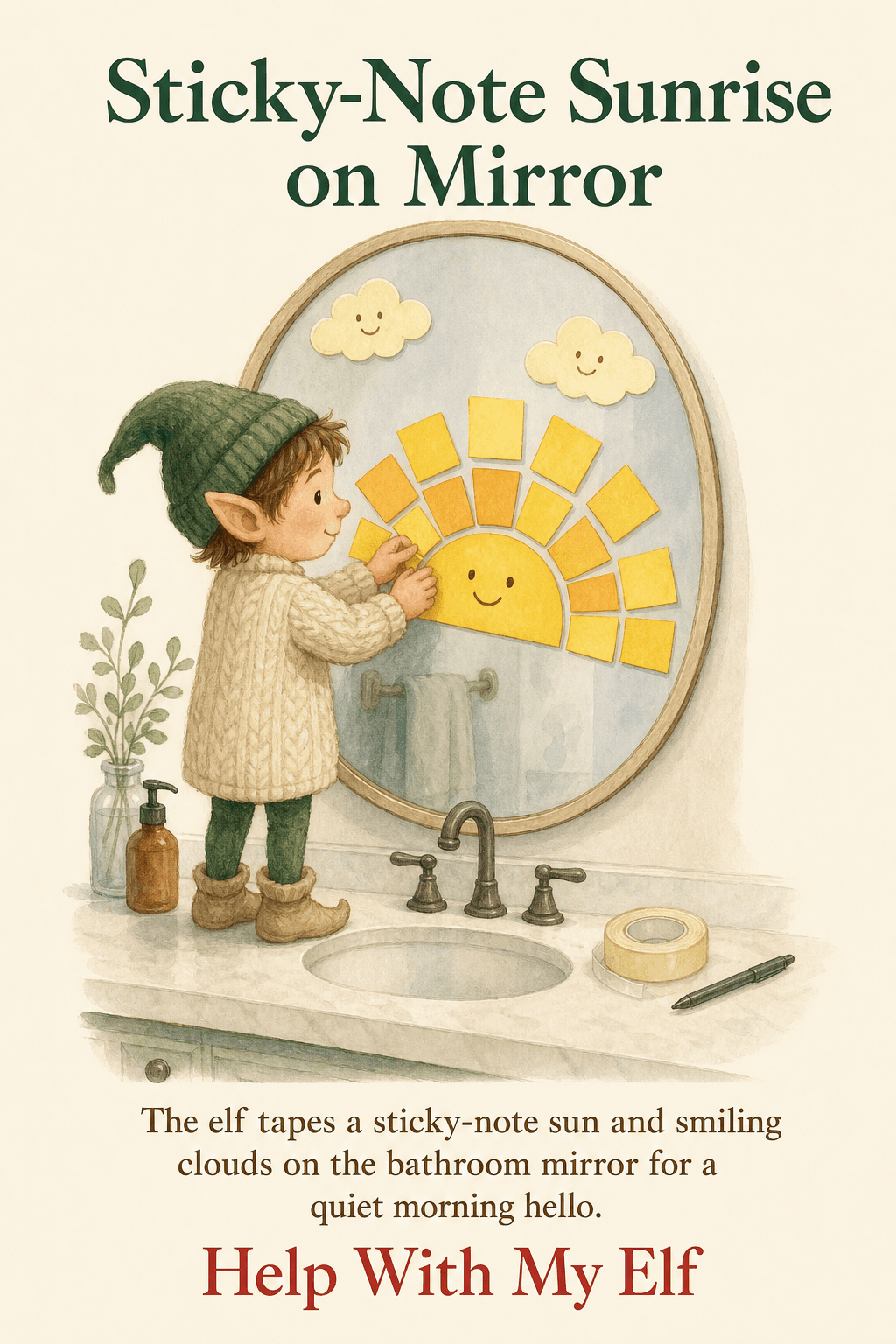 Sticky-Note Sunrise on Mirror. A handmade visiting-elf idea card for Help With My Elf.
