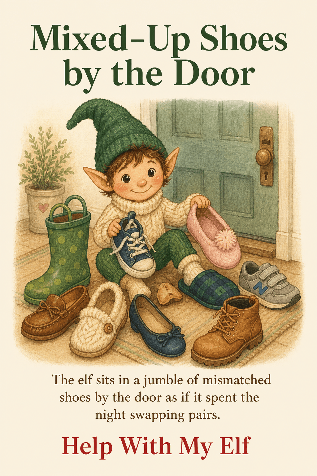 Mixed-Up Shoes by the Door. A handmade visiting-elf idea card for Help With My Elf.