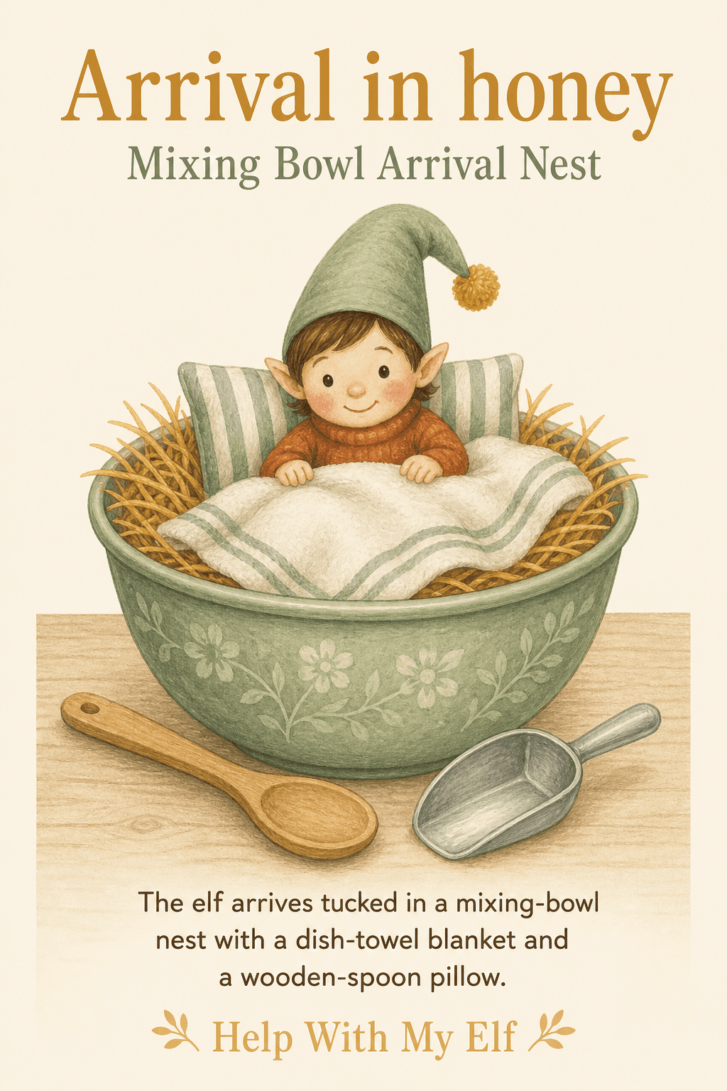 Mixing Bowl Arrival Nest. A handmade visiting-elf idea card for Help With My Elf.