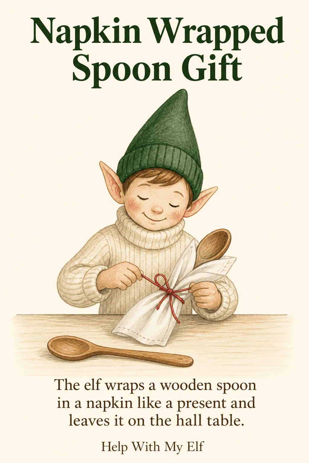 Napkin Wrapped Spoon Gift. A handmade visiting-elf idea card for Help With My Elf.