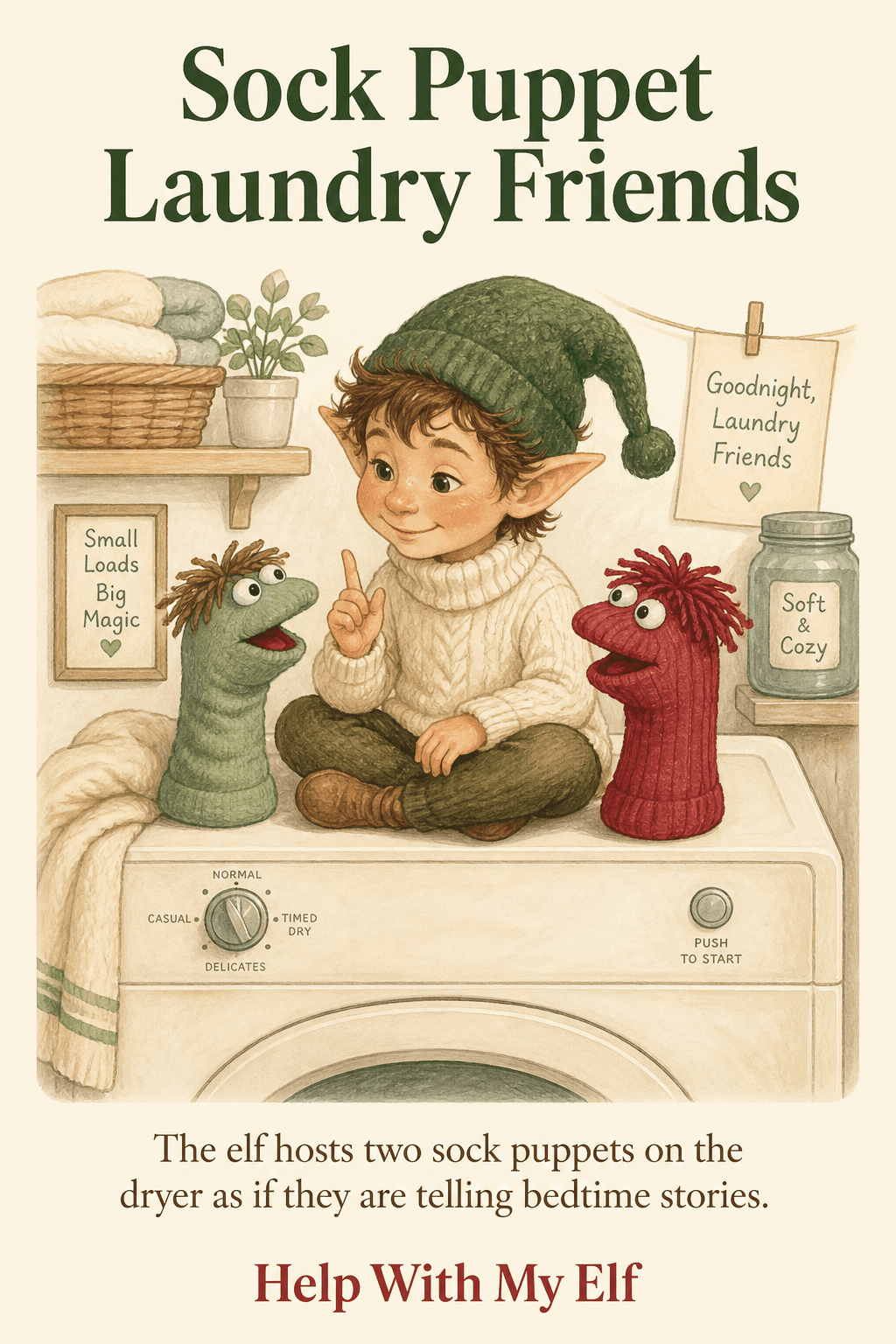 Sock Puppet Laundry Friends. A handmade visiting-elf idea card for Help With My Elf.