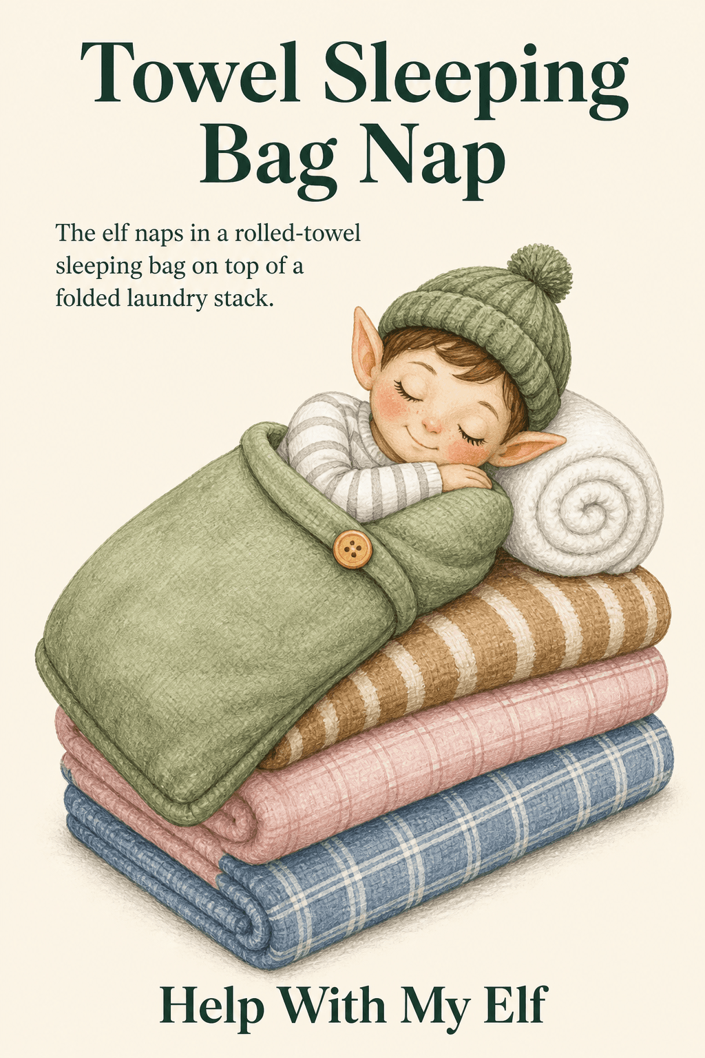 Towel Sleeping Bag Nap. A handmade visiting-elf idea card for Help With My Elf.