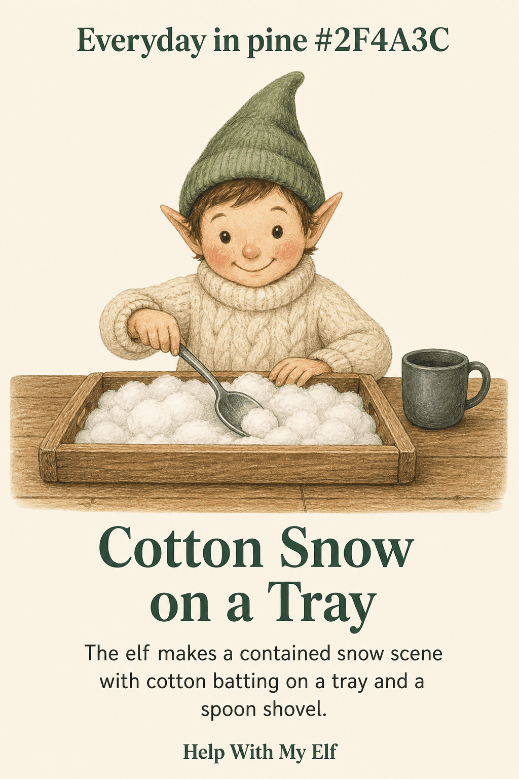 Cotton Snow on a Tray. A handmade visiting-elf idea card for Help With My Elf.