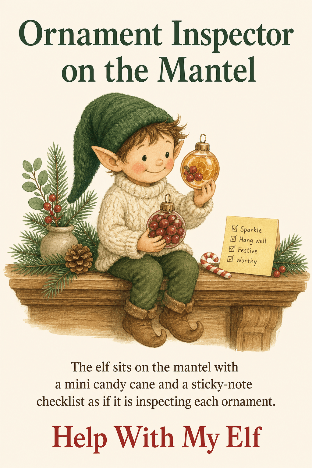 Ornament Inspector on the Mantel. A handmade visiting-elf idea card for Help With My Elf.