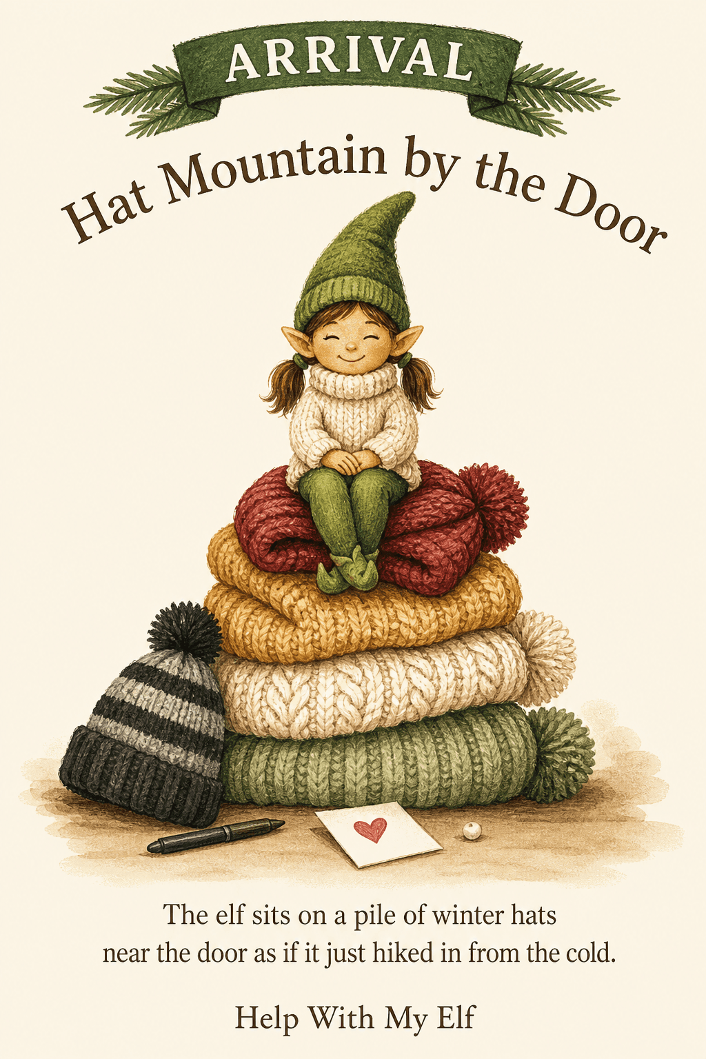 Hat Mountain by the Door. A handmade visiting-elf idea card for Help With My Elf.